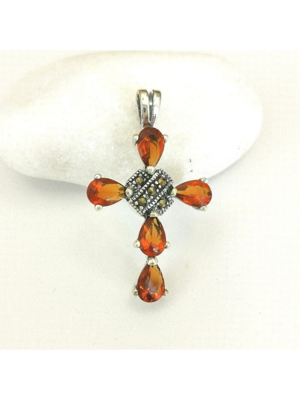 Spessartite garnet Marcasite cross pendant necklace In Sterling Silver